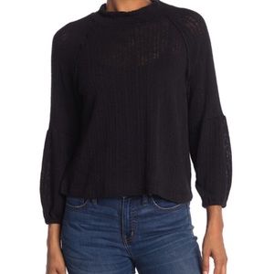 WhiteWillow Black Balloon Puff Sleeve Mock Neck Sweater Light Knit Women Large